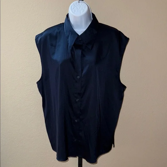 Banana Republic Dark Blue Satin Sleeveless Button Up Collared Blouse Women’s XL - Picture 1 of 6